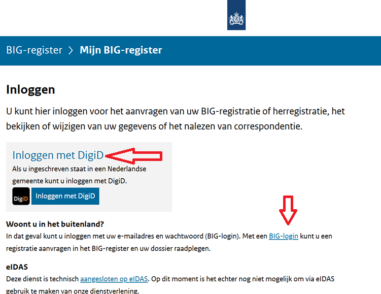 Afbeelding van webpagina met keuze inlogmiddelen