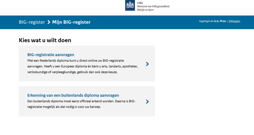 Afbeelden van keuze scherm na het inloggen op mijn.bigregister.nl