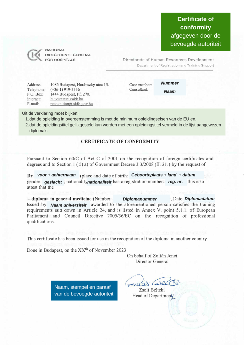 Voorbeeld van een Certificate of Conformity