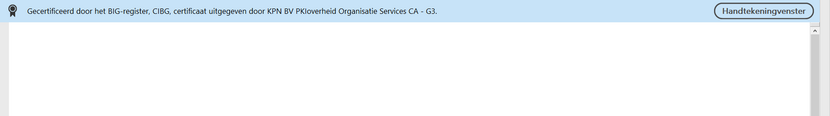 Voorbeeld blauwe balk boven aan verklaring van het BIG-register. In deze balk staat de volgende tekst: Gecertificeerd door het BIG-register, CIBG, certificaat uitgegeven door KPN BV PKloverheid Organisatie Services CA – G3.