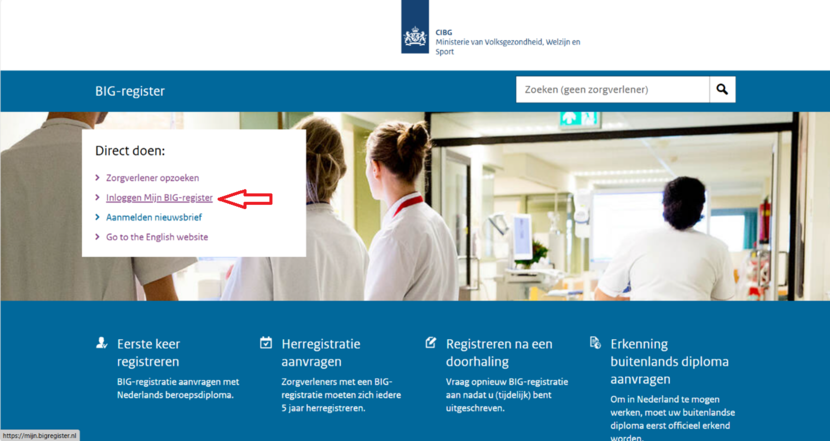 Afbeelding homepage website BIG-register met rode pijl naar 'inloggen mijnbigregister'